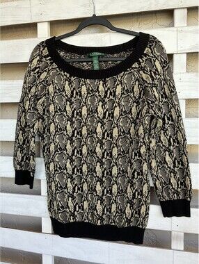 Ralph Lauren Women's M 3/4 Sleeve Boat Neck Shirt  Black Gold Shimmer Holiday.